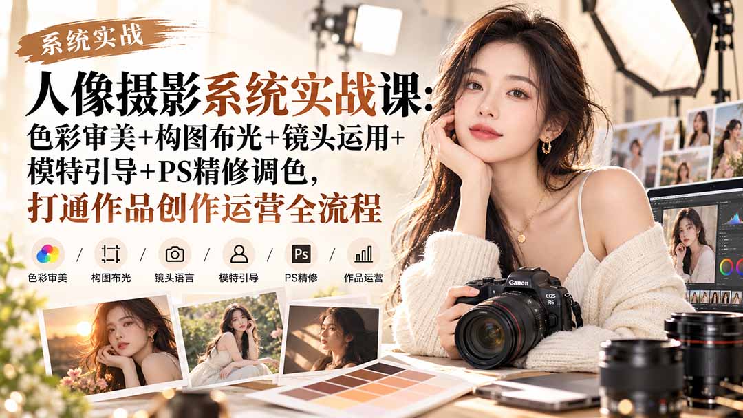 【无水印】人像摄影系统实战课:色彩审美+构图布光+镜头运用+模特引导+PS精修调色,打通作品创作运营全流程