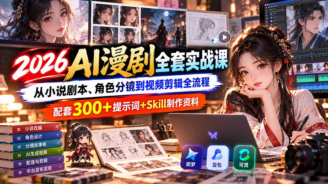【无水印】2026AI漫剧全套实战课：从小说剧本、角色分镜到视频剪辑全流程，配套300+提示词+Skill制作资料-资源后花园
