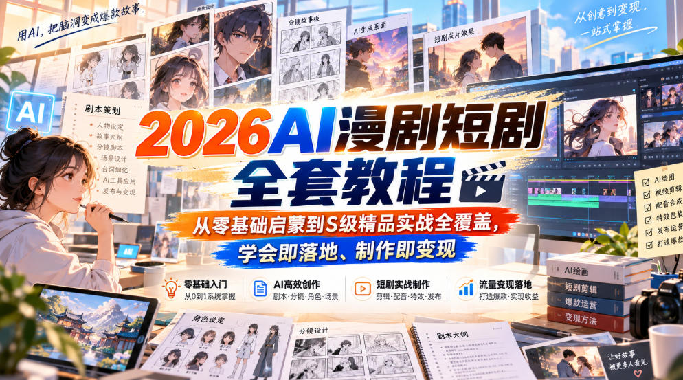 2026AI漫剧短剧全套教程，从零基础启蒙到S级精品实战全覆盖，学会即落地、制作即变现-资源后花园