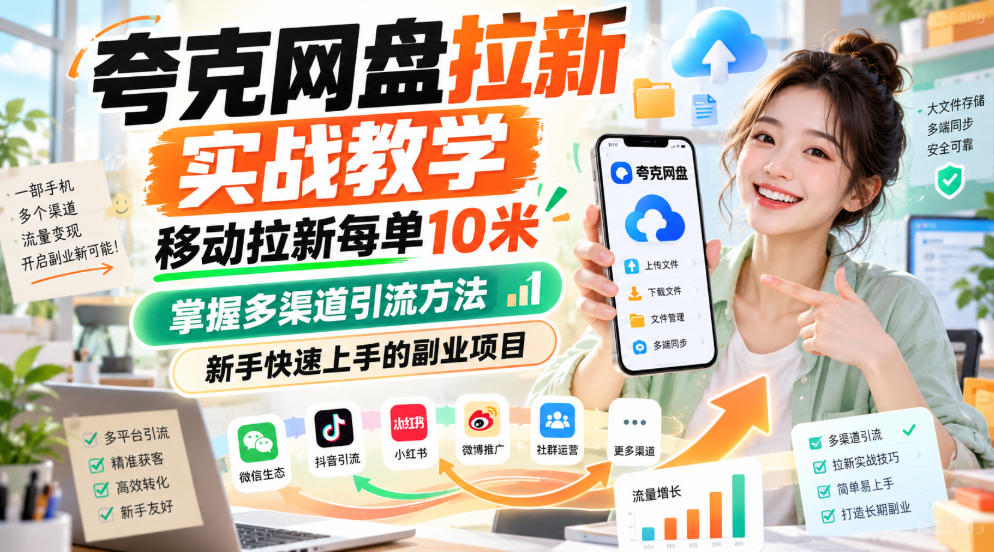 夸克网盘拉新实战教学，移动拉新每单10米，掌握多渠道引流方法，新手快速上手的副业项目-资源后花园