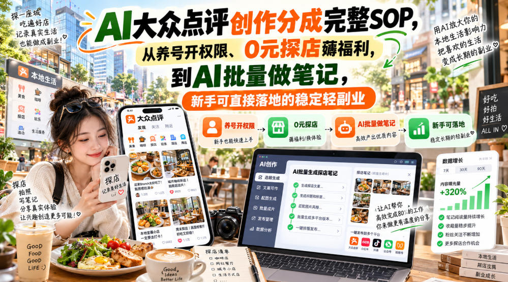 【无水印】AI大众点评创作分成完整SOP，从养号开权限、0元探店薅福利，到AI批量做笔记，新手可直接落地的稳定轻副业-资源后花园
