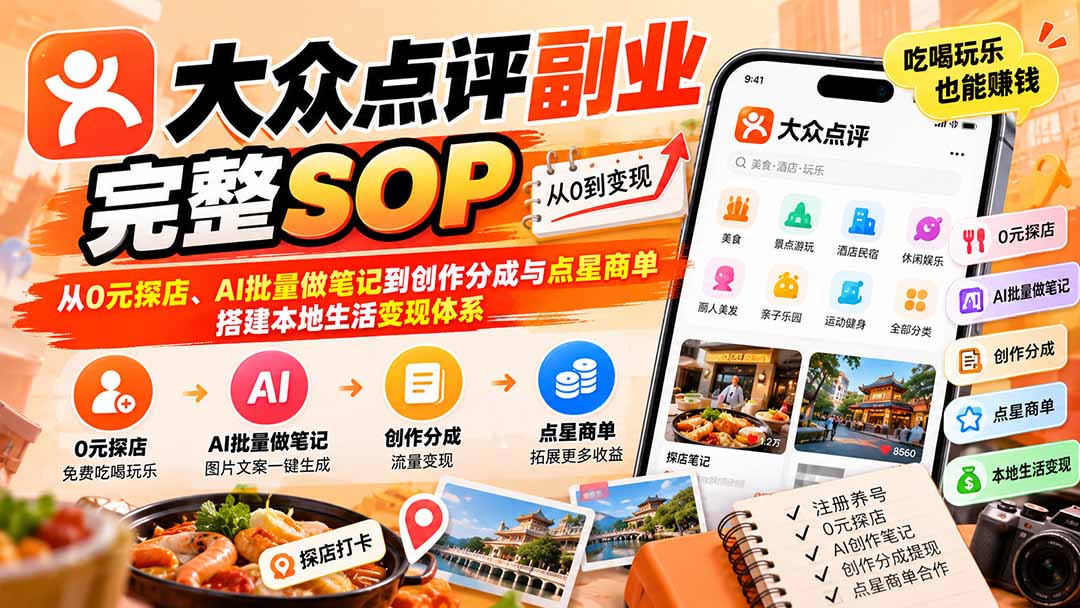 【无水印】大众点评副业完整SOP：从0元探店、AI批量做笔记到创作分成与点星商单，搭建本地生活变现体系-资源后花园