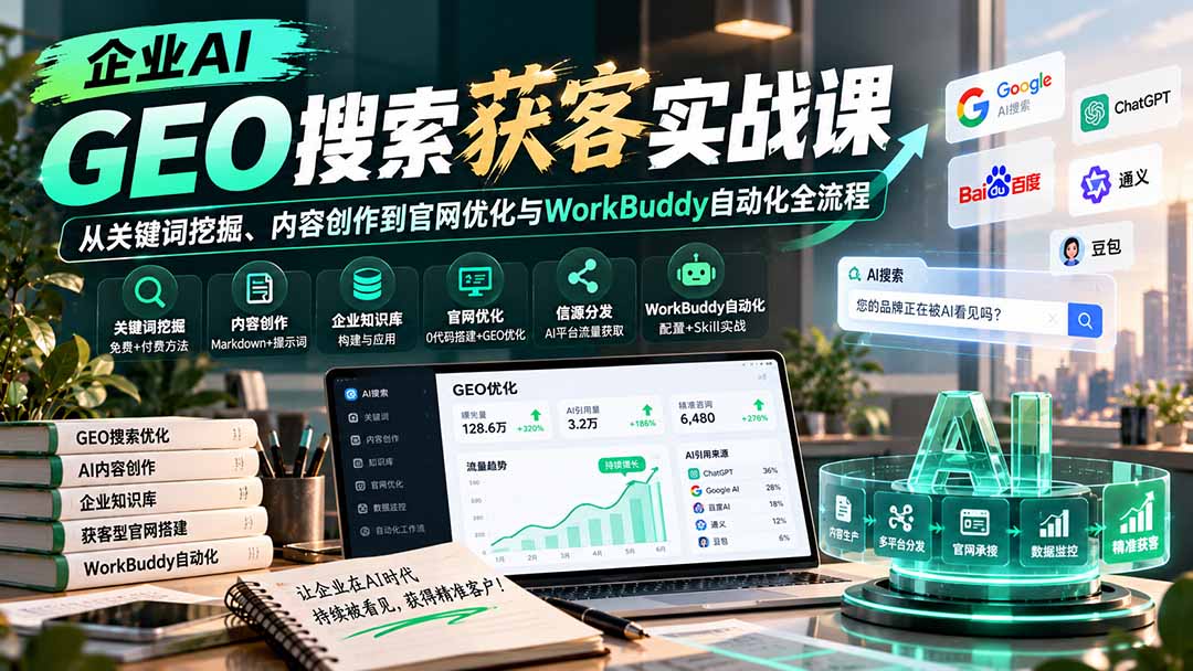 企业AI GEO搜索获客实战课：从关键词挖掘、内容创作到官网优化与WorkBuddy自动化全流程-资源后花园