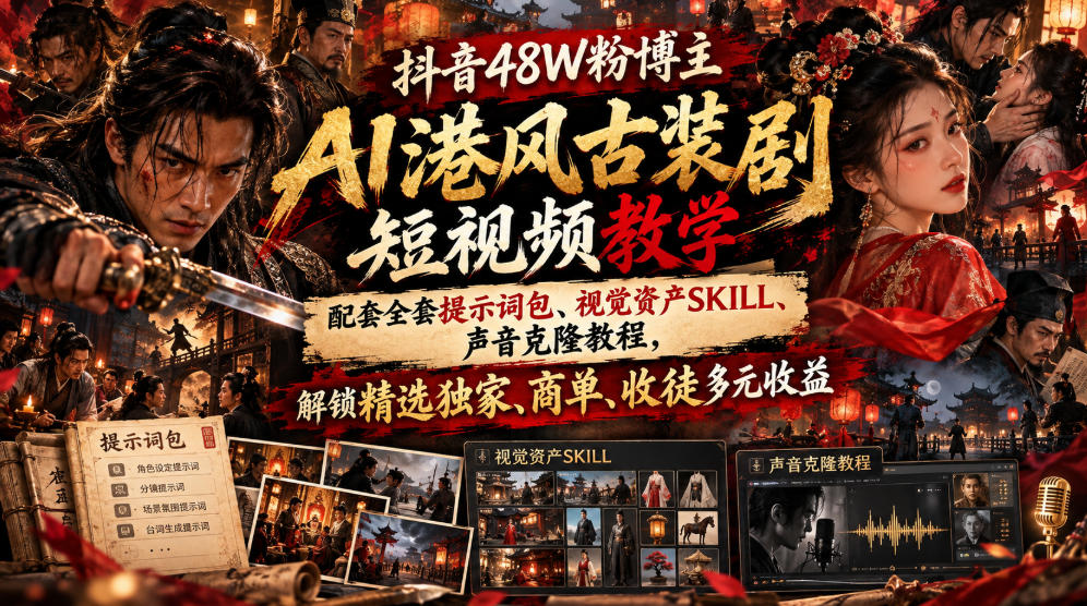 抖音48W粉博主AI港风古装剧短视频教学，配套全套提示词包、视觉资产SKILL、声音克隆教程，解锁精选独家、商单、收徒多元收益-资源后花园