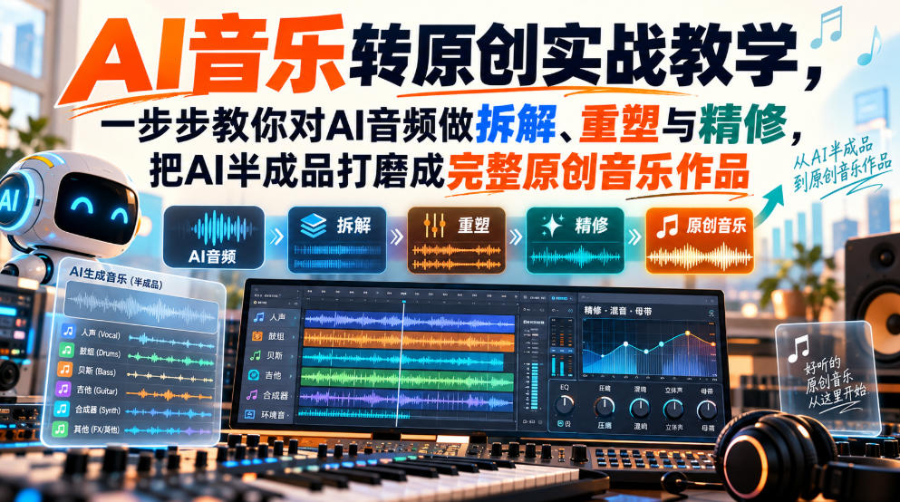 AI音乐转原创实战教学，一步步教你对AI音频做拆解、重塑与精修，把AI半成品打磨成完整原创音乐作品-资源后花园