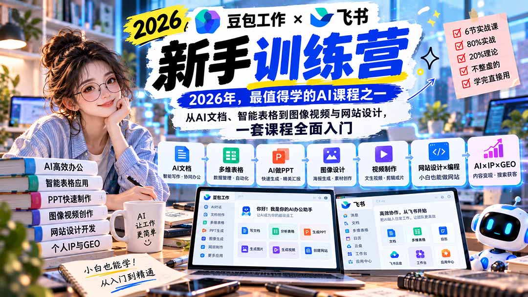 2026豆包工作+飞书新手训练营-9月新课：从AI文档、智能表格到图像视频与网站设计，一套课程全面入门-资源后花园