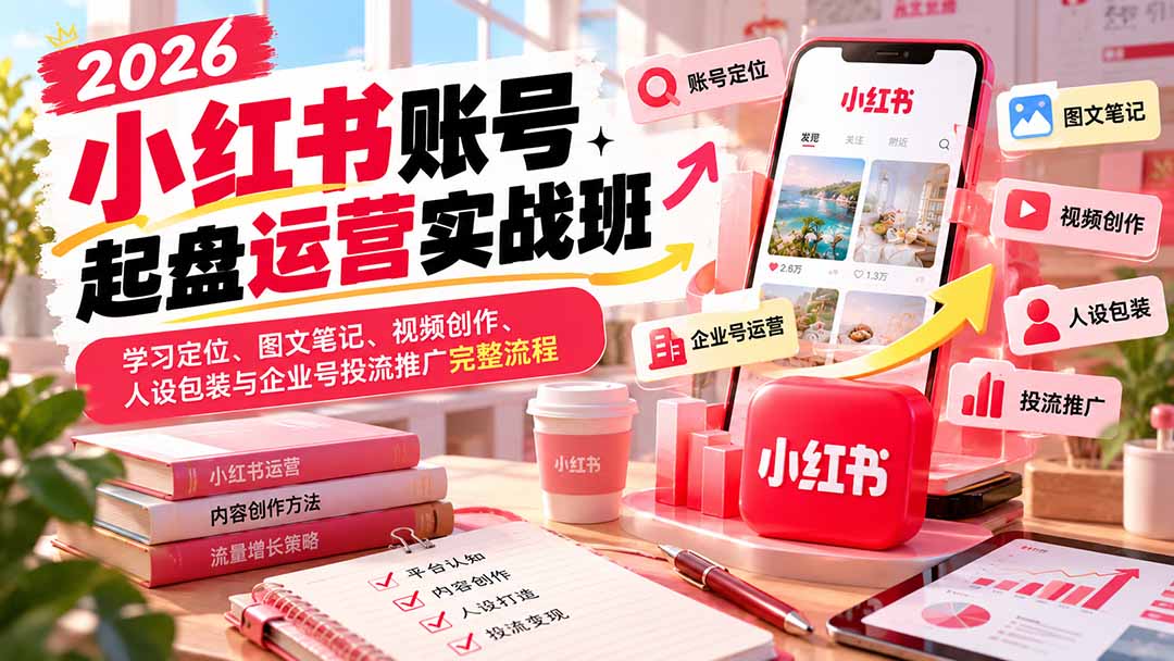 2026小红书账号起盘运营实战班：学习定位、图文笔记、视频创作、人设包装与企业号投流推广完整流程-资源后花园