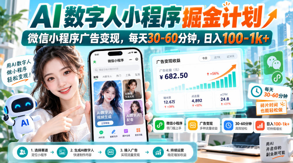 【无水印】AI数字人小程序掘金计划，微信小程序广告变现，每天30‑60分钟，日入100‑1k+-资源后花园