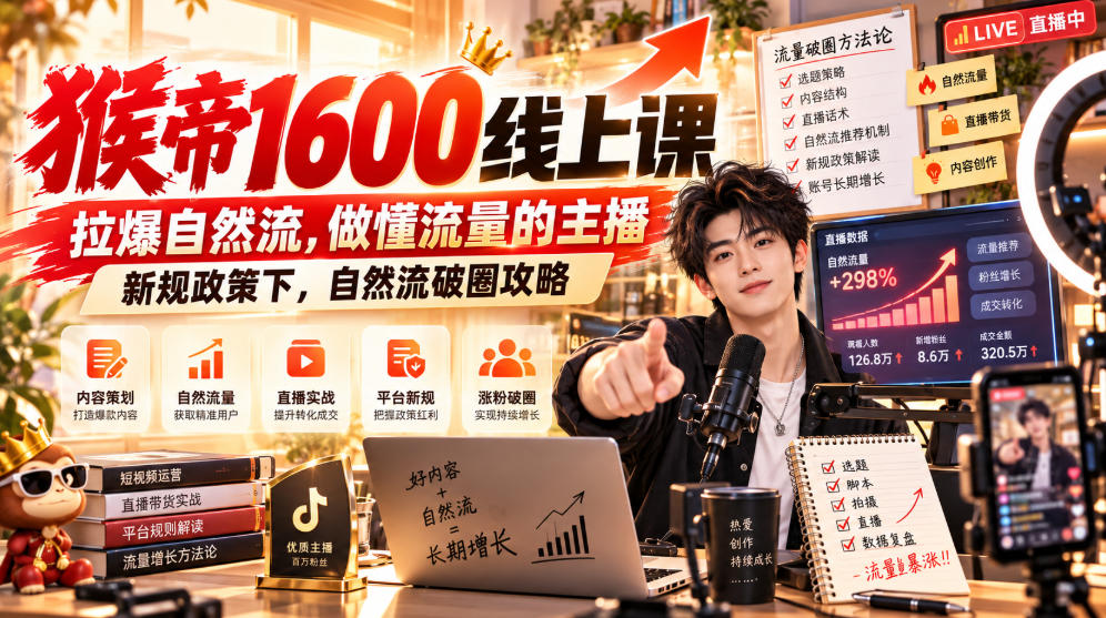 猴帝1600线上课，拉爆自然流，做懂流量的主播，新规政策下，自然流破圈攻略【更新260926】-资源后花园