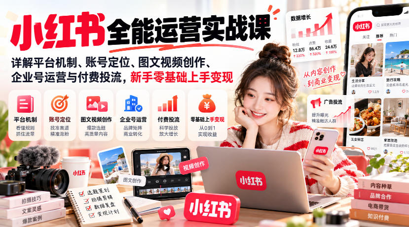 小红书全能运营实战课，详解平台机制、账号定位、图文视频创作、企业号运营与付费投流，新手零基础上手变现-资源后花园