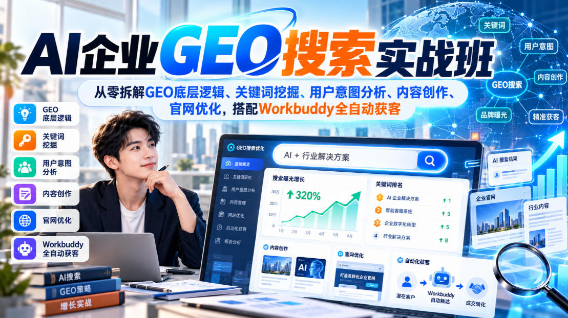 AI企业GEO搜索实战班，从零拆解GEO底层逻辑、关键词挖掘、用户意图分析、内容创作、官网优化，搭配Workbuddy全自动获客-资源后花园