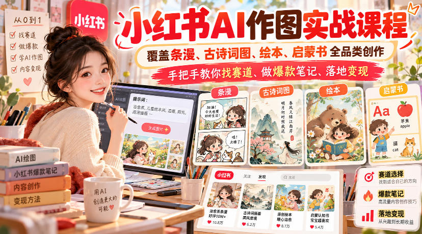 小红书AI作图实战课程，覆盖条漫、古诗词图、绘本、启蒙书全品类创作，手把手教你找赛道、做爆款笔记、落地变现-资源后花园
