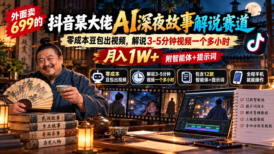 外面卖699的抖音某大佬AI深夜故事解说赛道：零成本豆包出视频，解说3-5分钟视频一个多小时，月入1W+附智能体+提示词-资源后花园