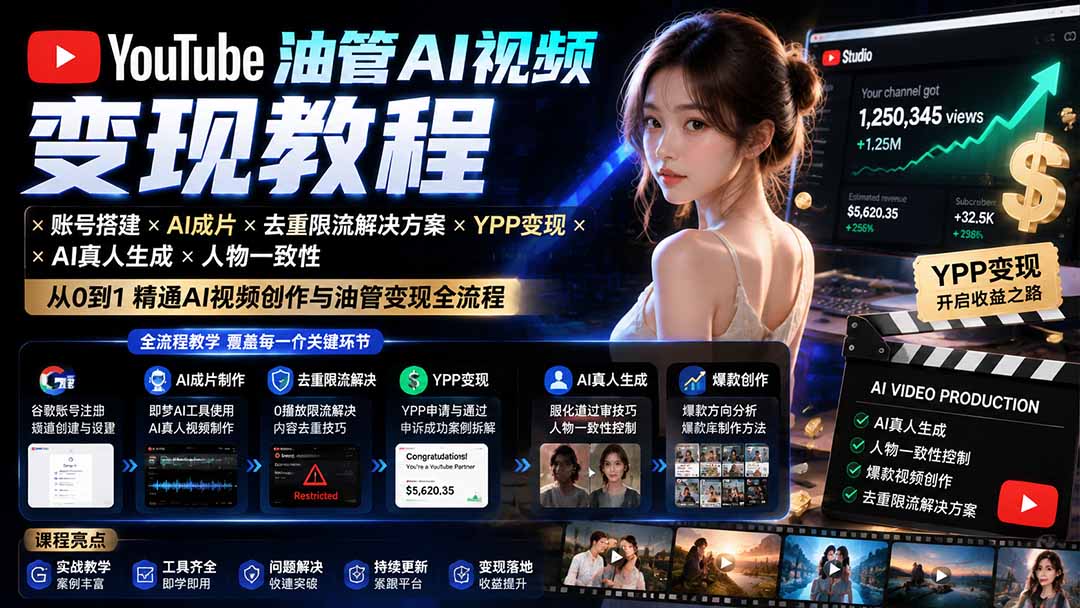 YouTube油管AI视频变现教程-更新0926：账号搭建×AI成片×去重限流解决方案×YPP变现×AI真人生成×人物一致性-资源后花园