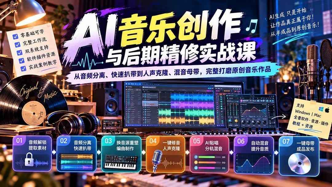 AI音乐创作与后期精修实战课：从音频分离、快速扒带到人声克隆、混音母带，完整打磨原创音乐作品-资源后花园