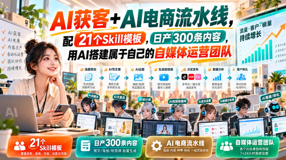 AI获客+AI电商流水线，配21个Skill模板，日产300条内容，用AI搭建属于自己的自媒体运营团队-资源后花园