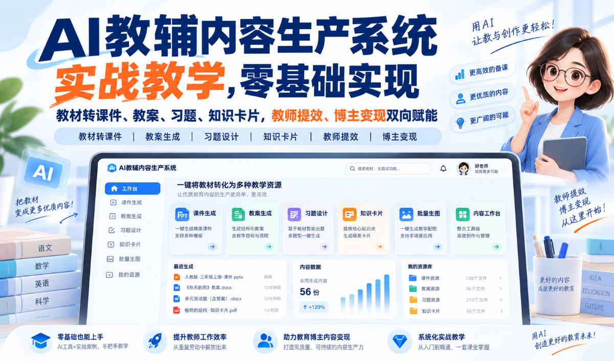 【无水印】AI教辅内容生产系统实战教学，零基础实现教材转课件、教案、习题、知识卡片，教师提效、博主变现双向赋能(更新0926)-资源后花园
