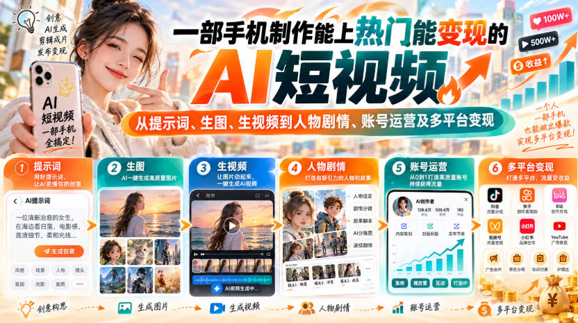 【无水印】一部手机制作能上热门能变现的AI短视频，从提示词、生图、生视频到人物剧情、账号运营及多平台变现-资源后花园