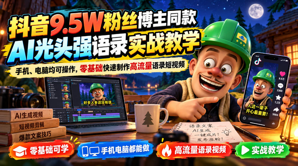 抖音9.5W粉丝博主同款AI光头强语录实战教学，手机、电脑均可操作，零基础快速制作高流量语录短视频-资源后花园
