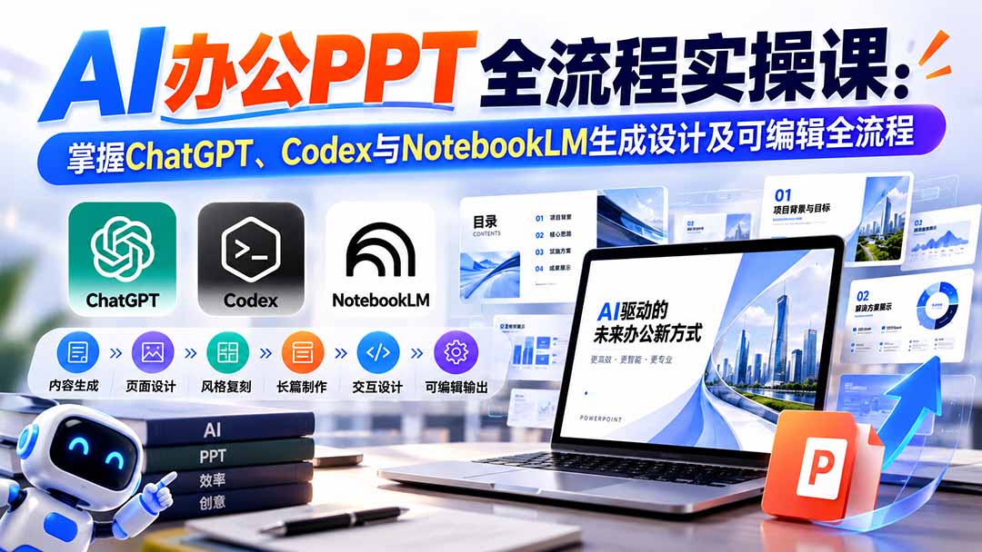 【无水印】AI办公PPT全流程实操课： 掌握ChatGPT、Codex与NotebookLM生成设计及可编辑全流程-资源后花园