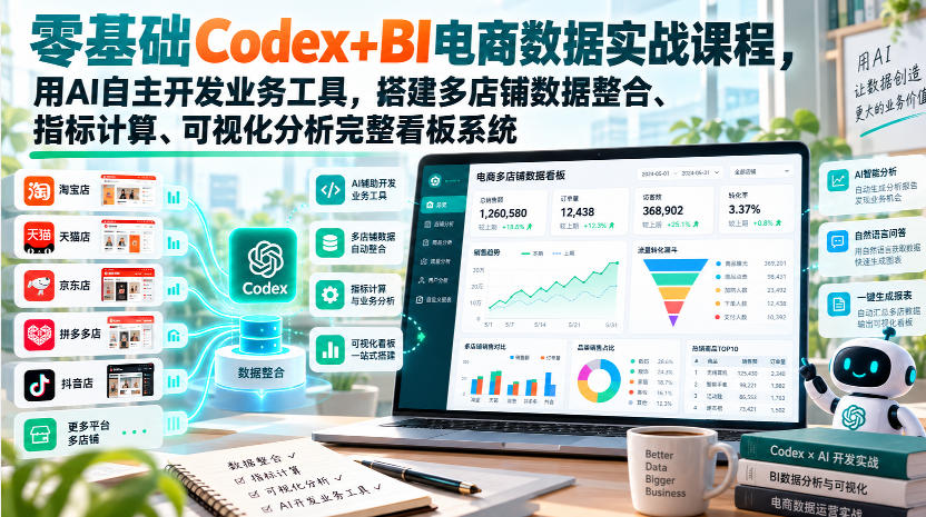 零基础Codex+BI电商数据实战课程，用AI自主开发业务工具，搭建多店铺数据整合、指标计算、可视化分析完整看板系统-资源后花园