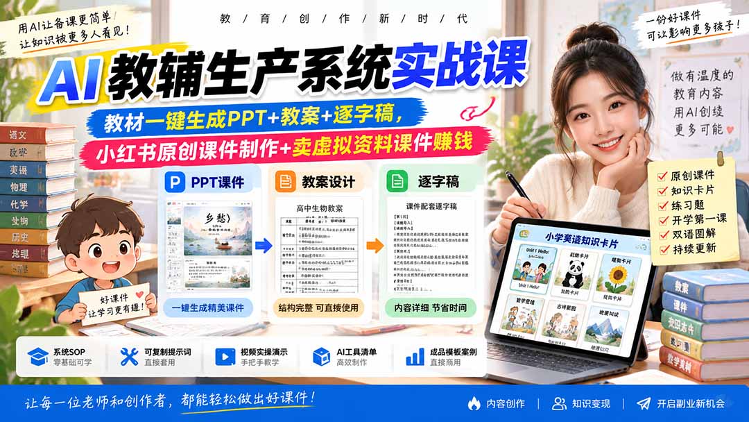 AI教辅生产系统实战课-更新0926｜教材一键生成PPT+教案+逐字稿，小红书原创课件制作+卖虚拟资料课件赚钱-资源后花园