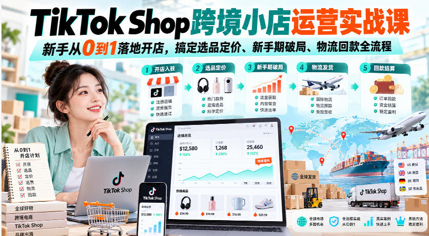 TikTok Shop跨境小店运营实战课，新手从0到1落地开店，搞定选品定价、新手期破局、物流回款全流程-资源后花园