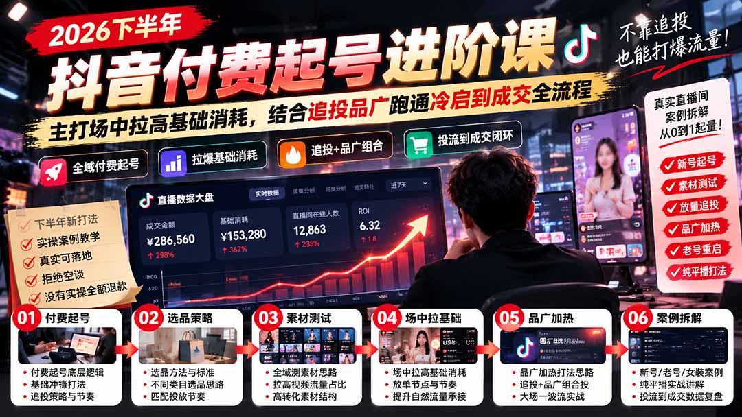 2026下半年抖音付费起号进阶课：主打场中拉高基础消耗，结合追投品广跑通冷启到成交全流程-资源后花园