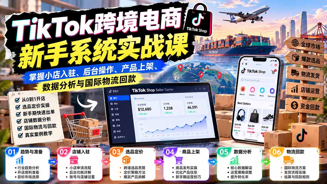 TikTok跨境电商新手系统实战课：掌握小店入驻、后台操作、产品上架、数据分析与国际物流回款-资源后花园