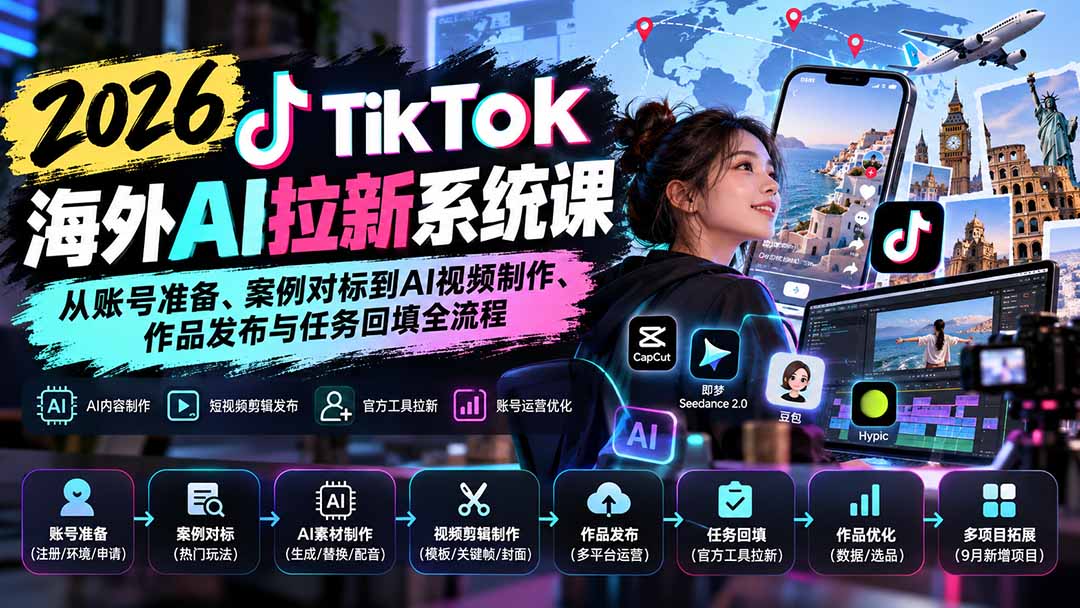 【无水印】2026 TikTok海外AI拉新系统课：从账号准备、案例对标到AI视频制作、作品发布与任务回填全流程-资源后花园
