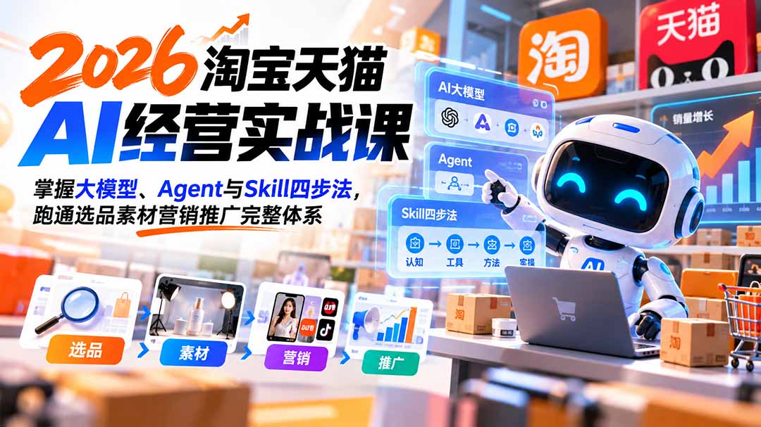 【无水印】2026淘宝天猫AI经营实战课：掌握大模型、Agent与Skill四步法，跑通选品素材营销推广完整体系-资源后花园