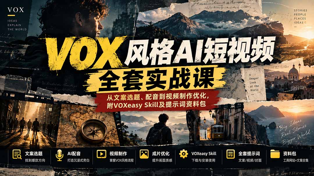 【无水印】VOX风格AI短视频全套实战课：从文案选题、配音到视频制作优化，附VOXeasy Skill及提示词资料包-资源后花园