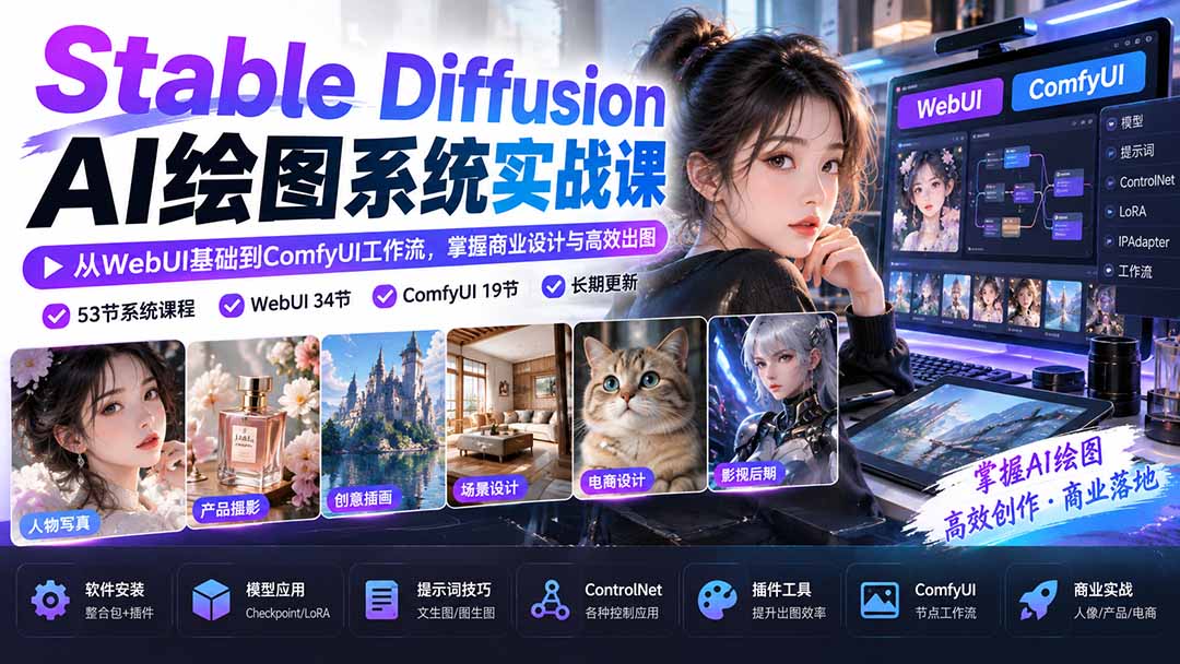 【无水印】Stable Diffusion AI绘图系统实战课：从WebUI基础到ComfyUI工作流，掌握商业设计与高效出图