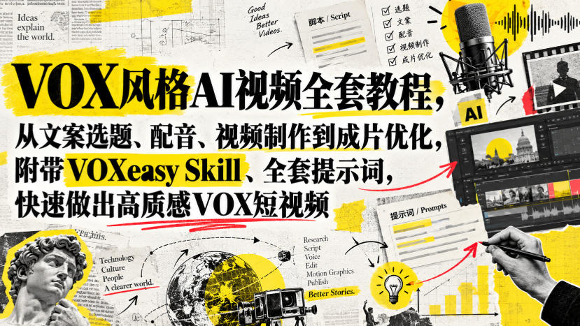 VOX风格AI视频全套教程，从文案选题、配音、视频制作到成片优化，附带VOXeasy Skill、全套提示词，快速做出高质感VOX短视频-资源后花园
