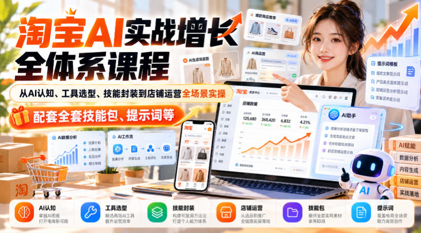 淘宝AI实战增长全体系课程，从AI认知、工具选型、技能封装到店铺运营全场景实操，配套全套技能包、提示词等-资源后花园
