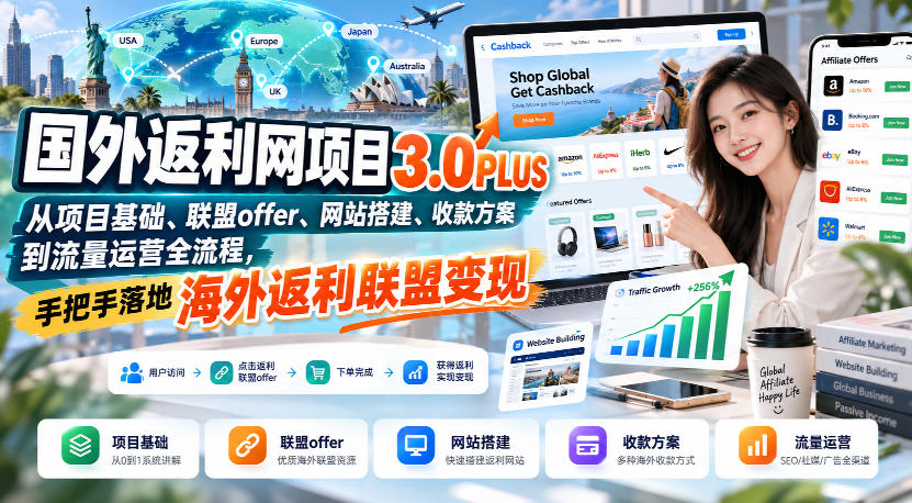 国外返利网项目3.0PLUS，从项目基础、联盟offer、网站搭建、收款方案到流量运营全流程，手把手落地海外返利联盟变现-资源后花园