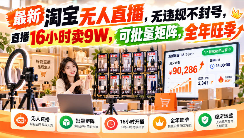 最新淘宝无人直播，无违规不封号，直播16小时卖9W，可批量矩阵，全年旺季【揭秘】-资源后花园