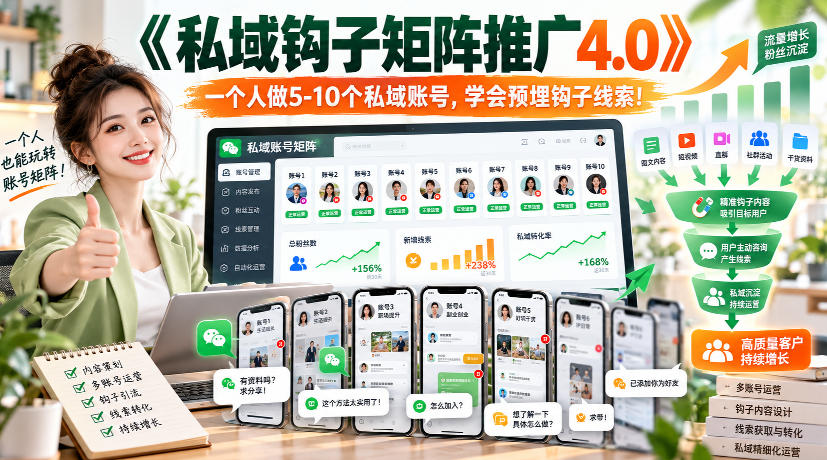 【无水印】《私域钩子矩阵推广4.0》一个人做5-10个私域账号，学会预埋钩子线索！-资源后花园