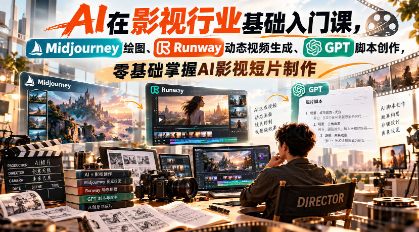 【无水印】AI在影视行业基础入门课，Midjourney绘图、Runway动态视频生成、GPT脚本创作，零基础掌握AI影视短片制作-资源后花园