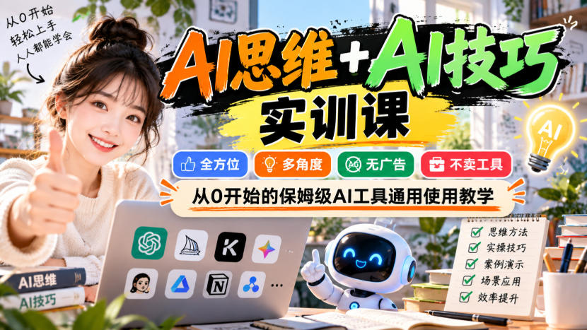 【无水印】AI思维+AI技巧实训课，全方位、多角度、无广告、不卖工具，从0开始的保姆级AI工具通用使用教学-资源后花园