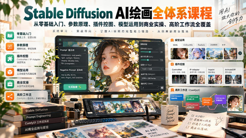 【无水印】Stable Diffusion AI绘画全体系课程，从零基础入门、参数原理、插件控图、模型运用到商业实操、高阶工作流全覆盖-资源后花园
