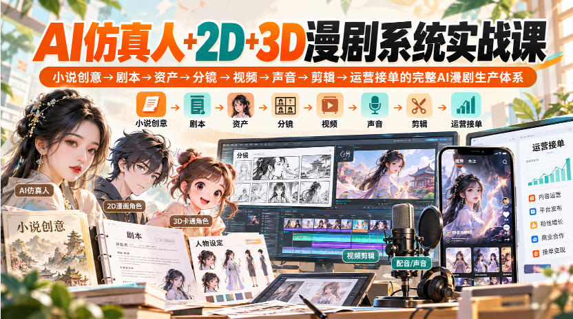 【无水印】AI仿真人+2D+3D漫剧系统实战课，小说创意→剧本→资产→分镜→视频→声音→剪辑→运营接单的完整AI漫剧生产体系-资源后花园