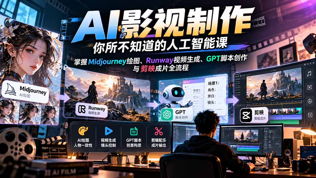 【无水印】AI影视制作-你所不知道的人工智能课，掌握Midjourney绘图、Runway视频生成、GPT脚本创作与剪映成片全流程-资源后花园