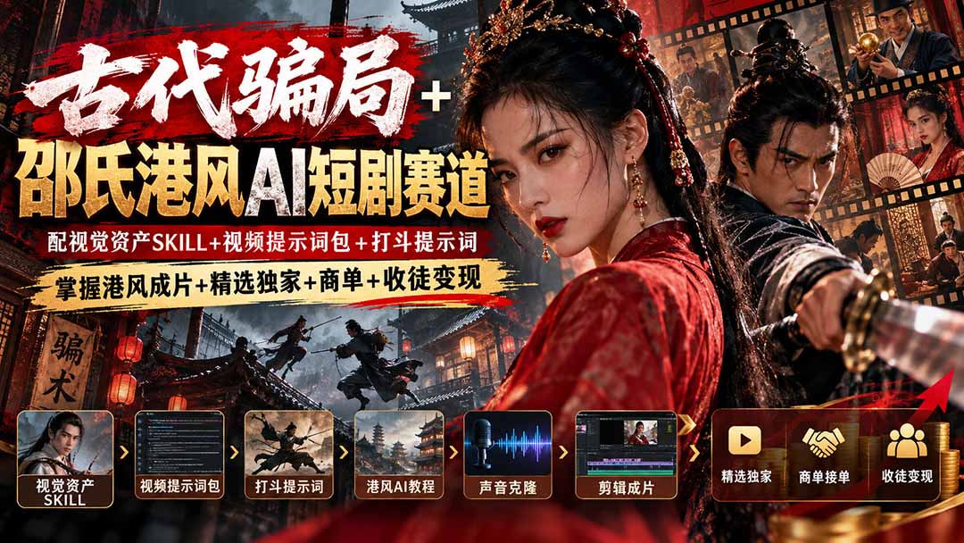 古代骗局+邵氏港风AI短剧赛道：配视觉资产SKILL+视频提示词包+打斗提示词，掌握港风成片+精选独家+商单+收徒变现-资源后花园