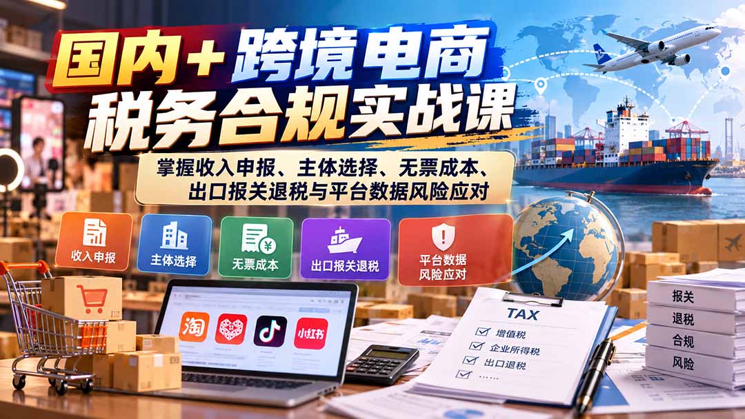国内+跨境电商税务合规实战课：掌握收入申报、主体选择、无票成本、出口报关退税与平台数据风险应对-资源后花园