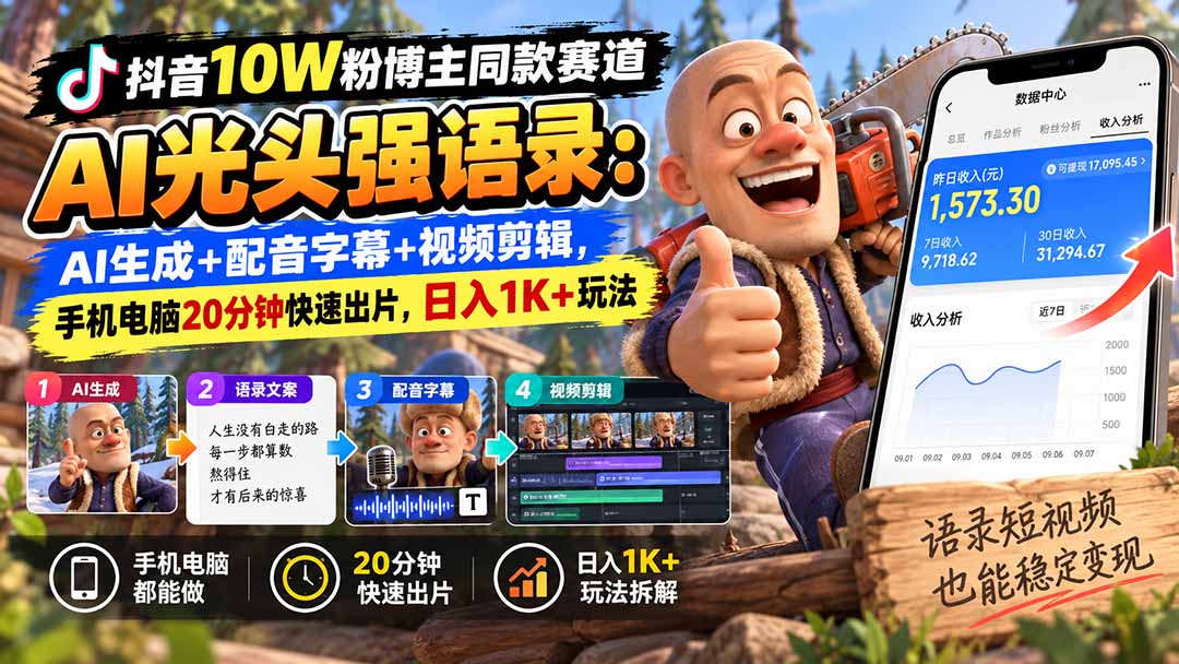 【无水印】抖音10W粉博主同款赛道AI光头强语录：AI生成+配音字幕+视频剪辑，手机电脑20分钟快速出片，日入1K+玩法-资源后花园