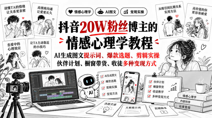 抖音20W粉丝博主静候心声的情感心理学教程，AI生成图文提示词、爆款选题、剪辑实操，伙伴计划、橱窗带货、收徒多种变现方式-资源后花园