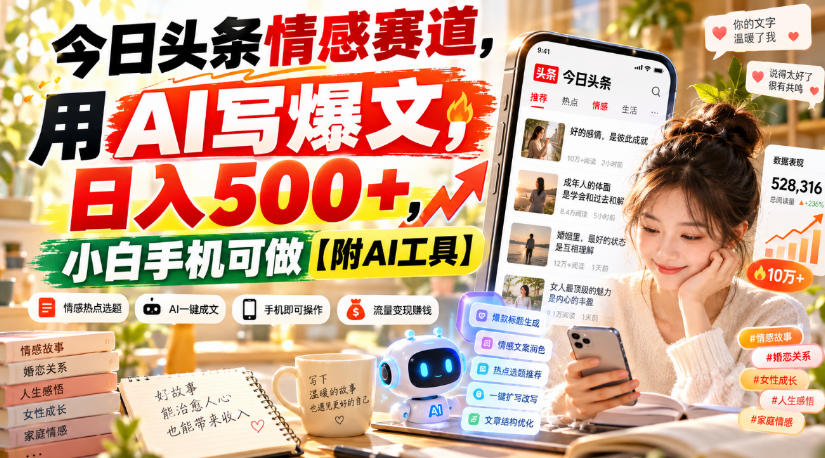 今日头条情感赛道，用AI写爆文，日入500+，小白手机可做【附AI工具】-资源后花园