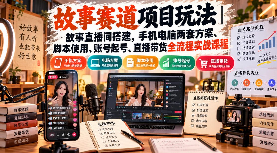故事赛道项目玩法｜故事直播间搭建，手机电脑两套方案、脚本使用、账号起号、直播带货全流程实战课程-资源后花园
