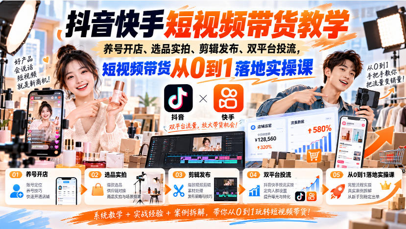 抖音快手短视频带货教学｜养号开店、选品实拍、剪辑发布、双平台投流，短视频带货从0到1落地实操课-资源后花园